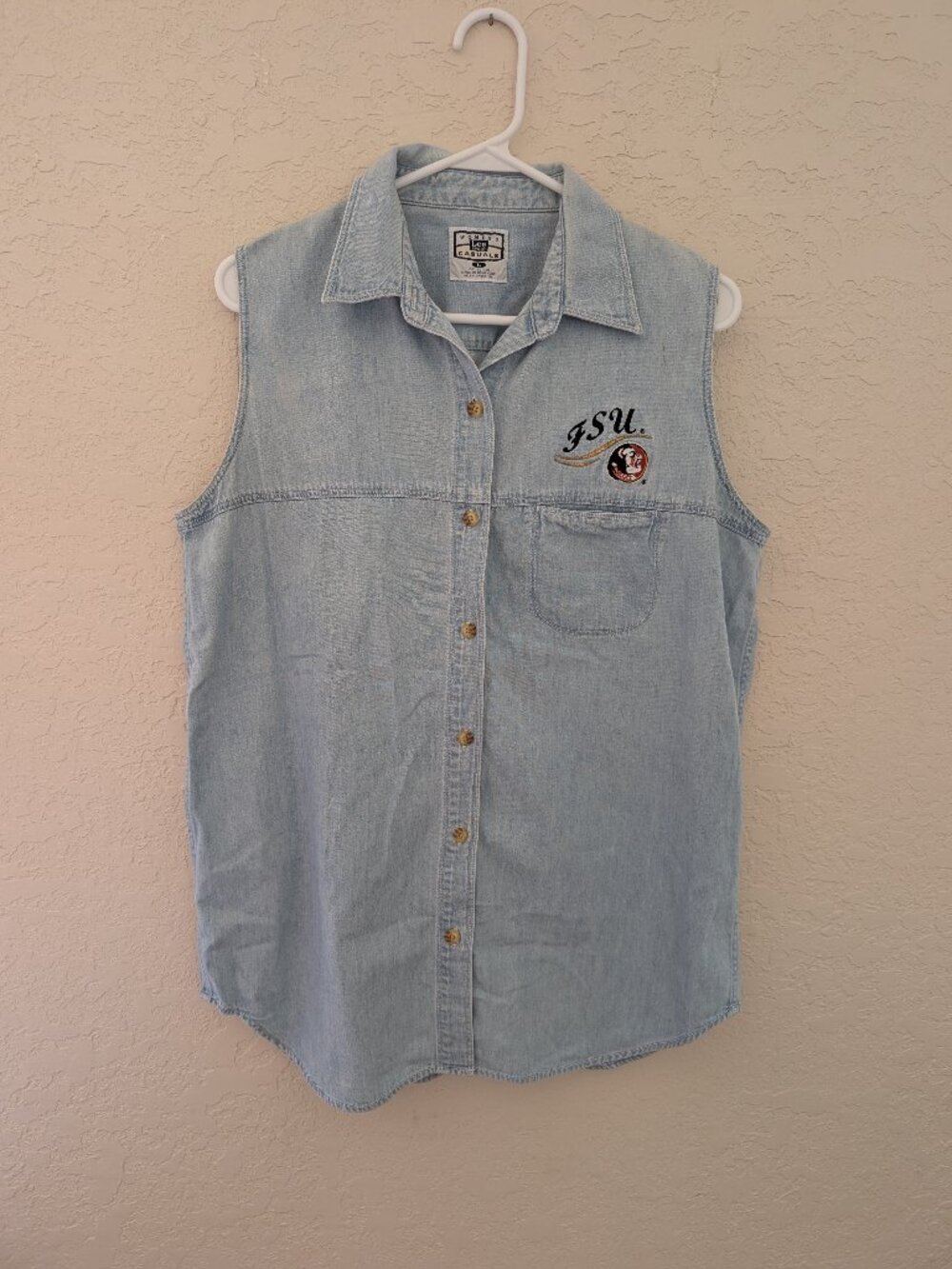 Vintage Lee Sport Denim Vest FSU Embroidered Football Size L Cotton